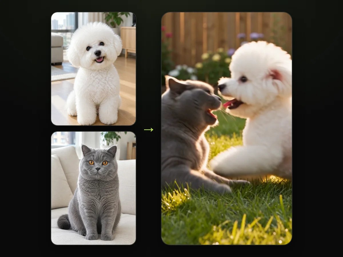 Fotos de un bichón frisé blanco y un británico de pelo corto gris junto a una escena de los dos nariz con nariz en el pasto, de un video de mascota zombi hecho en TryViralAI