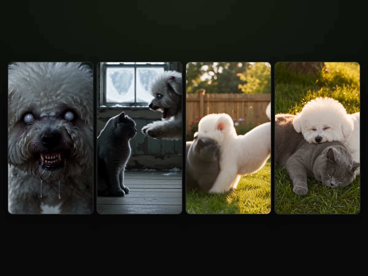Cuatro escenas de un video de mascota zombi hecho en TryViralAI: el perro zombi, el salto, el juego en el pasto y las dos mascotas dormidas