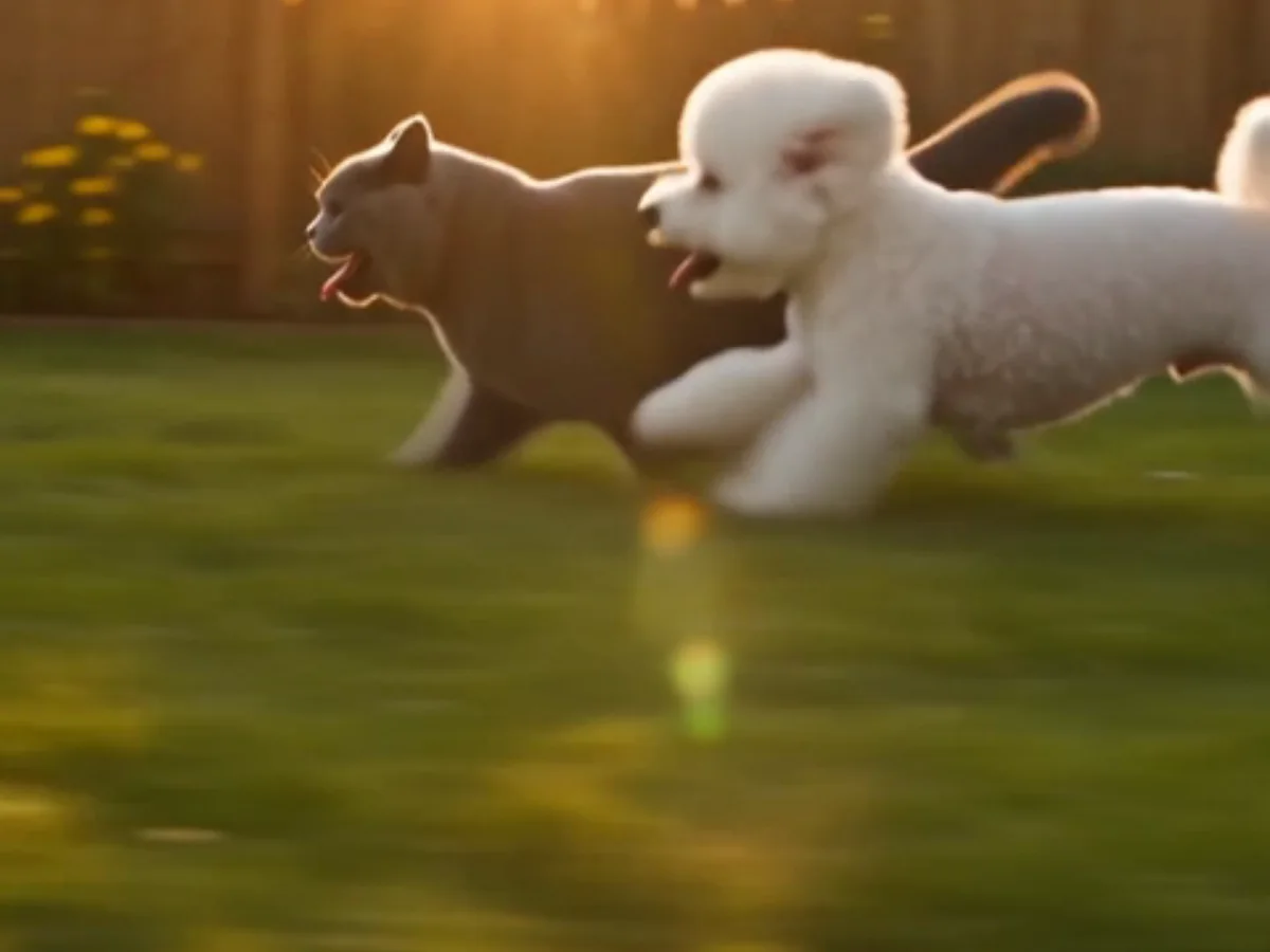 Un bichón frisé y un británico de pelo corto persiguiéndose en un patio al atardecer, de un video de mascota zombi hecho en TryViralAI