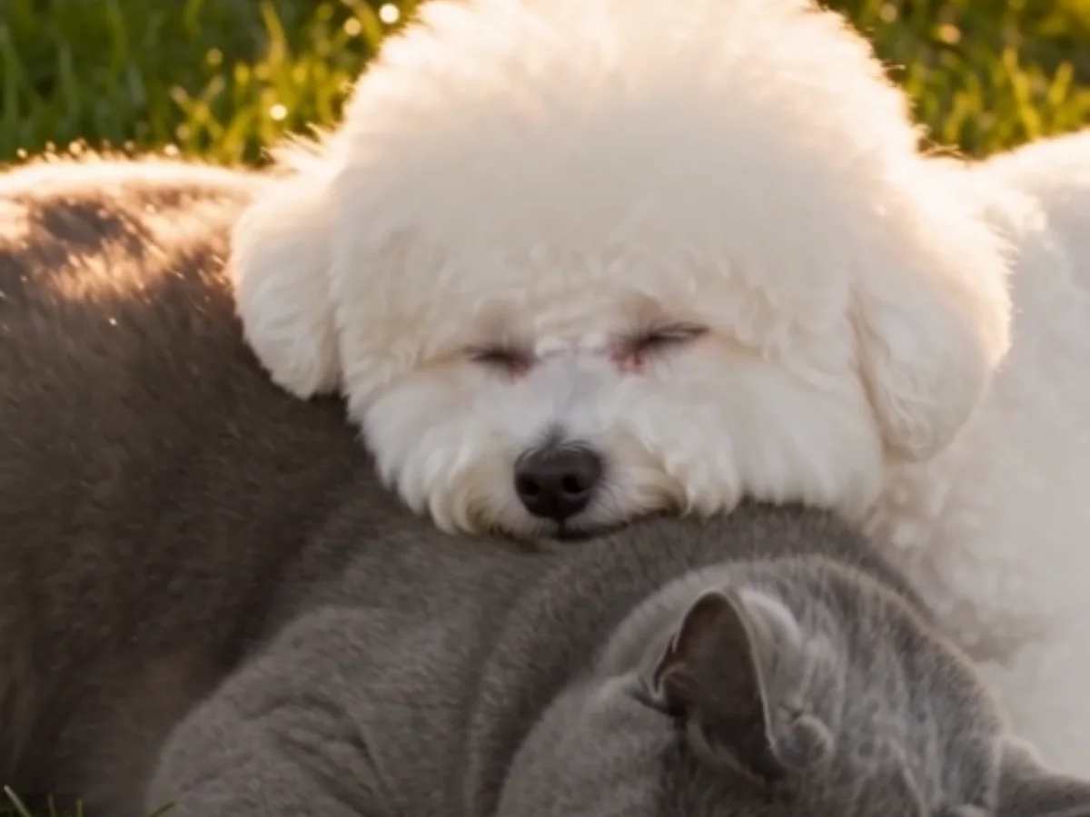 Un bichón frisé y un británico de pelo corto dormidos juntos al sol, de un video de mascota zombi hecho en TryViralAI