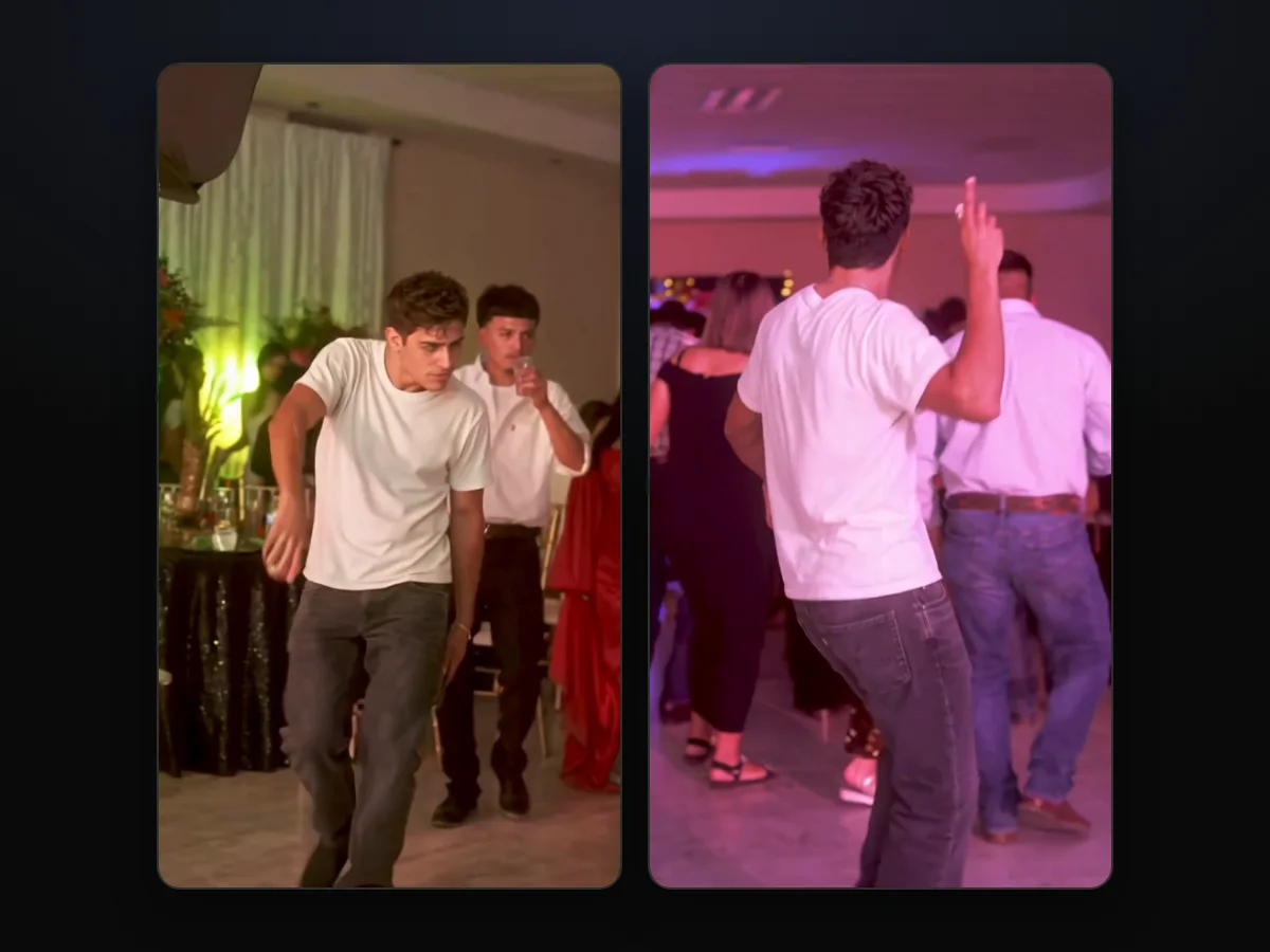 Dos cuadros de un video de Dime Dime Baby IA hecho en TryViralAI, con los invitados de la fiesta alrededor del bailarín