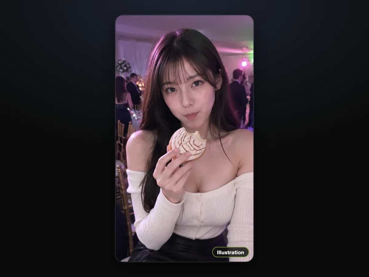 Ilustración de una joven de cabello negro largo con top color crema de hombros descubiertos que sostiene una concha en una fiesta de noche, como publicación vertical