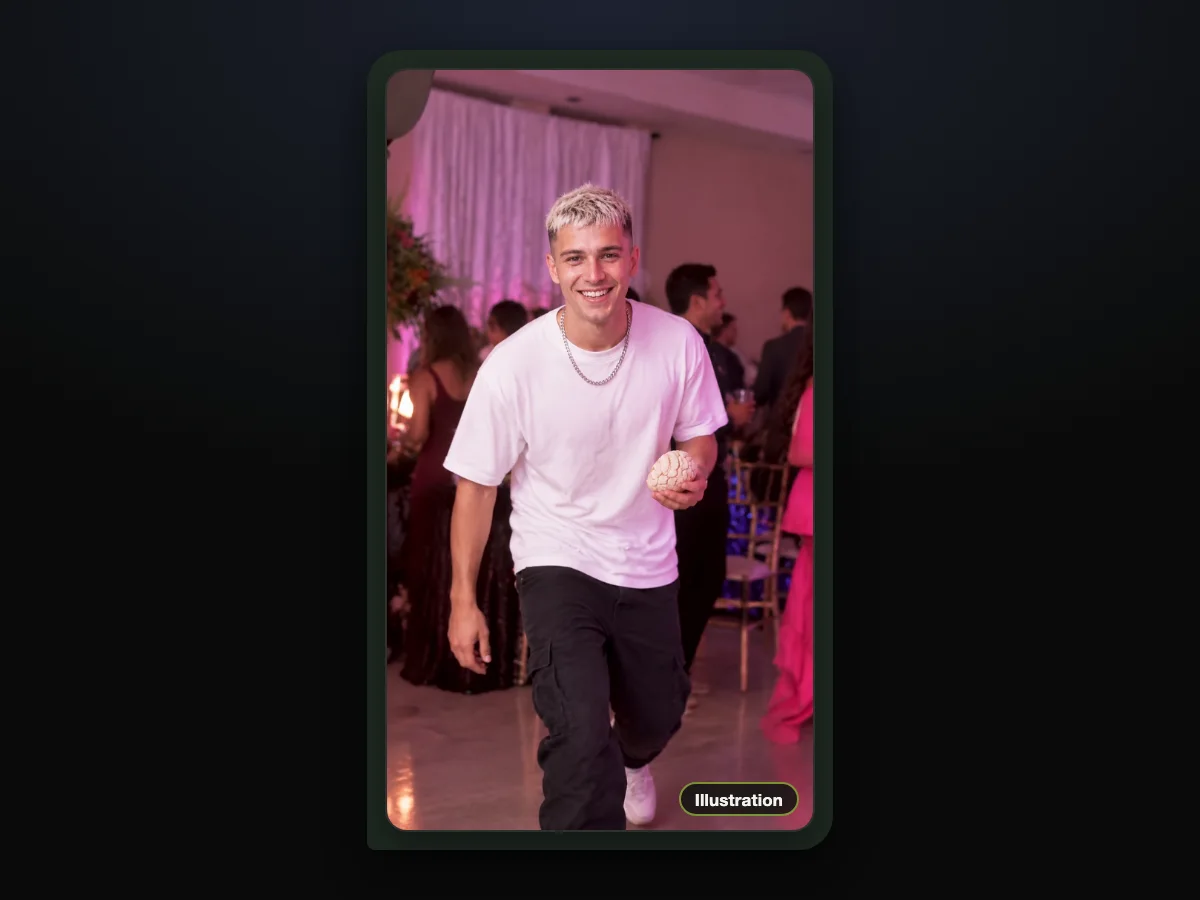Ilustración de un joven sonriente de cabello rubio decolorado y camiseta blanca que camina hacia la cámara con una concha en una fiesta, enviada en un chat