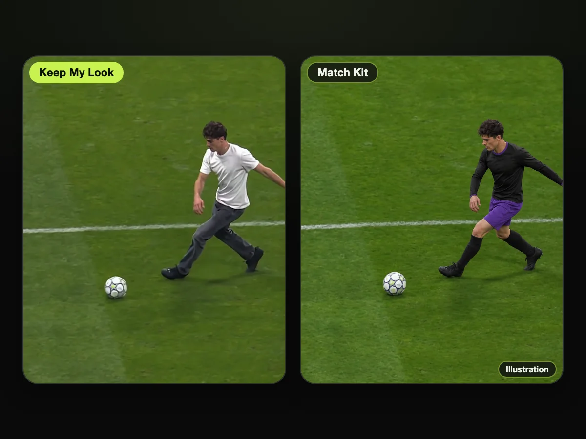 Frame from a Lamine Yamal rabona AI video made on TryViralAI, beside an illustration of the same run in a black and purple football kit