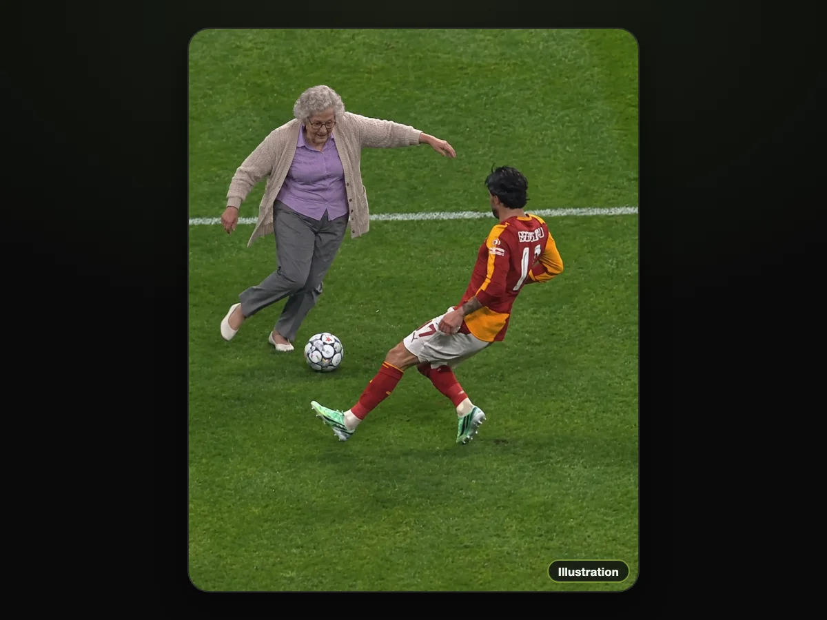 Illustration of a grandmother in a beige cardigan pulling off the fake rabona as the defender slides in