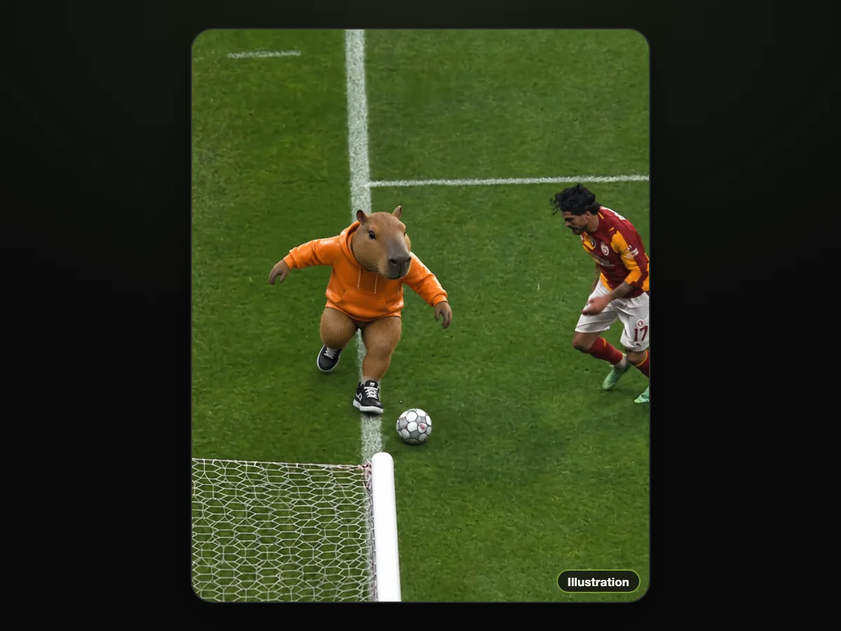 Illustration of a cartoon capybara in an orange hoodie dribbling the ball to the goal line