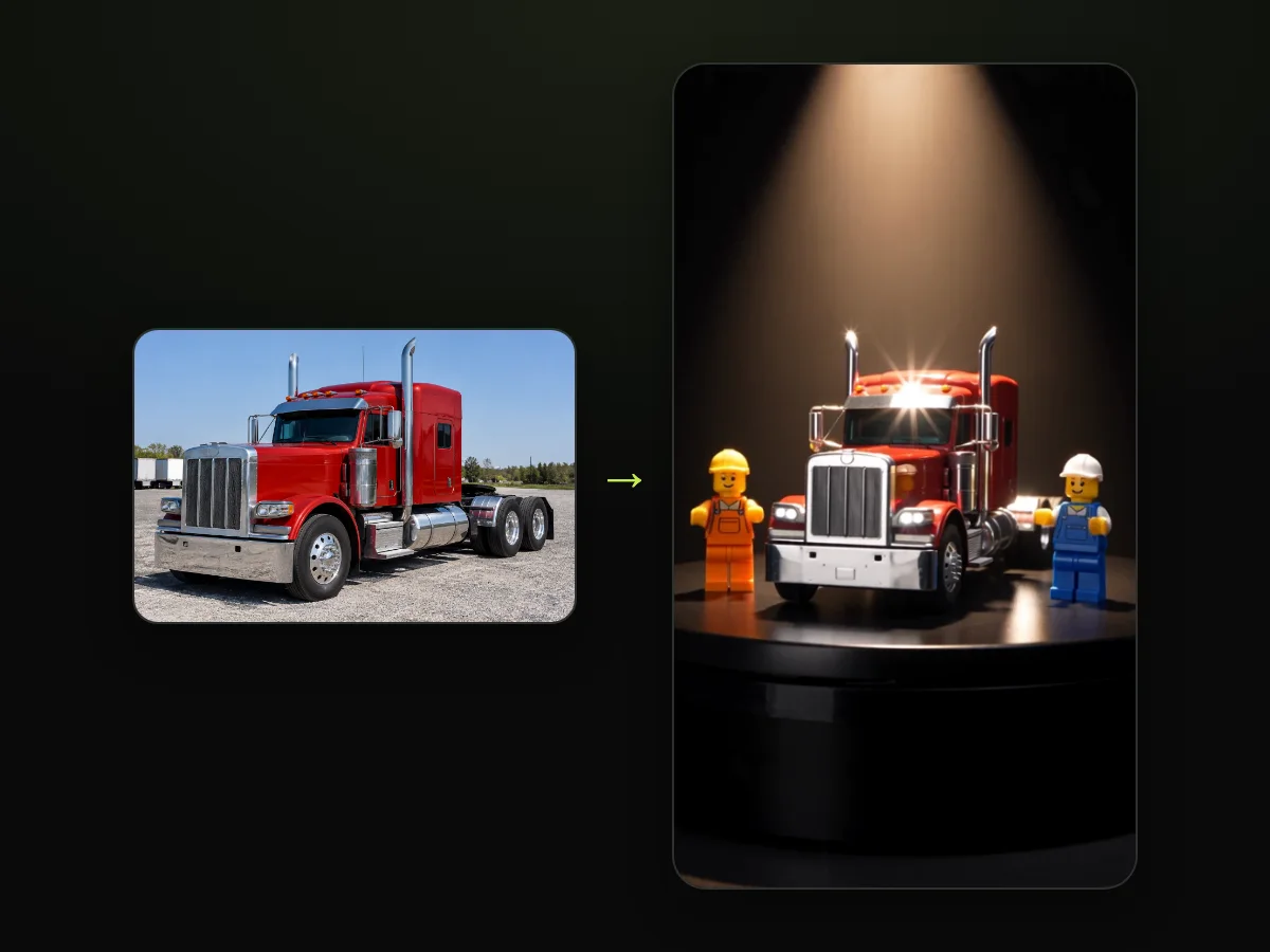 Фото красной фуры рядом с кадром её модели из видео «ИИ-мойка грузовика LEGO», сделанного на TryViralAI