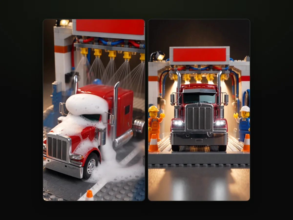 Кадры из видео «ИИ-мойка грузовика LEGO», сделанного на TryViralAI: фура в пене, потом отмытая и сияющая