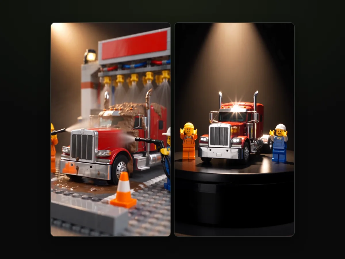 Кадры из видео «ИИ-мойка грузовика LEGO», сделанного на TryViralAI: грязная фура под струями, потом чистая, вокруг бригада