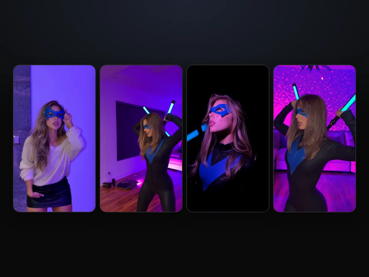 Cuatro fotogramas de un video del trend de Nightwing IA hecho en TryViralAI: la máscara azul levantada frente a la pared lila, los bastones luminosos cruzados detrás de la cabeza, el primer plano de perfil en la oscuridad y la pose final