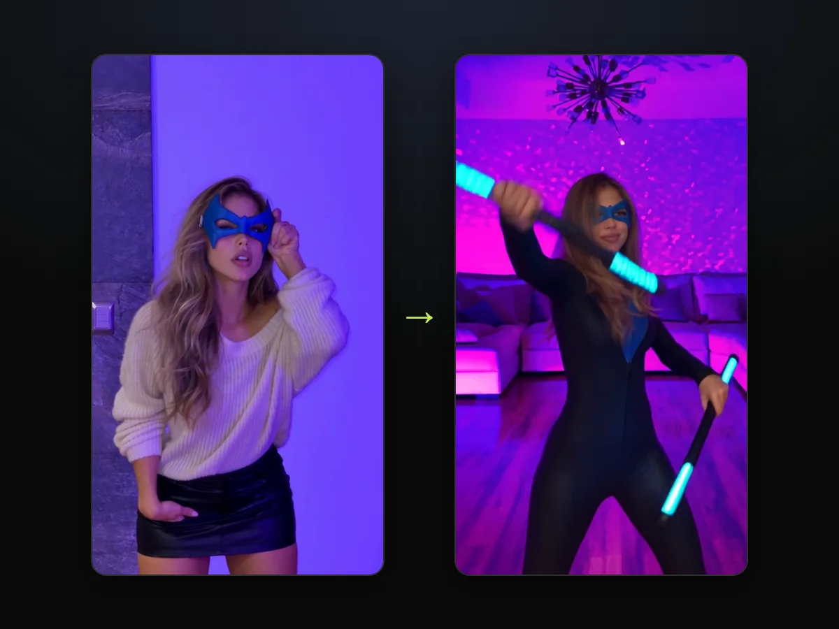 Una mujer joven con un suéter de punto color crema levanta la máscara azul frente a la pared lila, junto a un fotograma de ella con el traje negro con la V azul moviendo los dos bastones luminosos en la sala con luz morada, de un video del trend de Nightwing IA hecho en TryViralAI