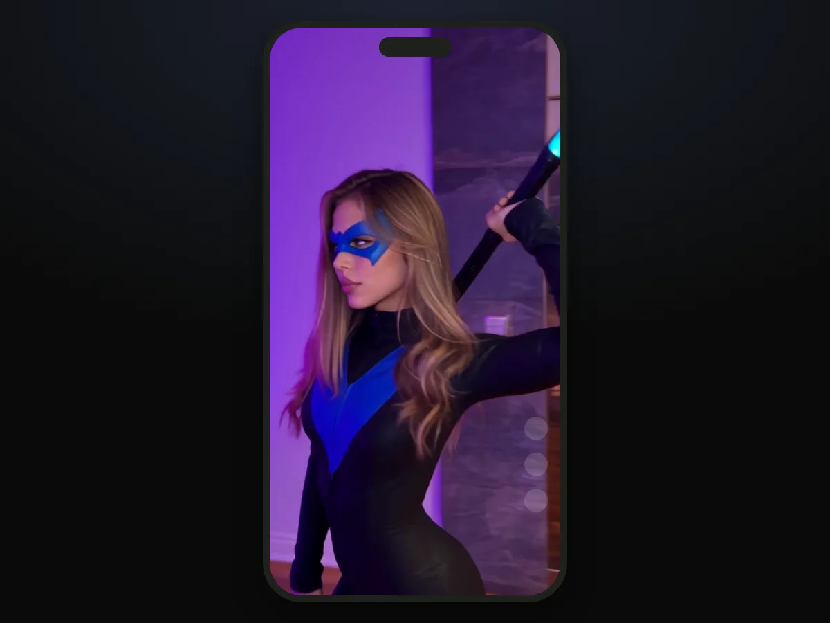 Fotograma de un video del trend de Nightwing IA hecho en TryViralAI, como publicación vertical 9:16 en un teléfono