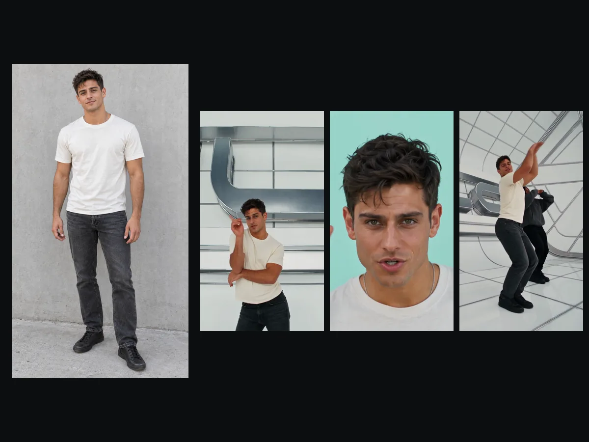 Foto de un joven con camiseta color crema y jeans negros junto a tres fotogramas en los que encabeza el baile No Scrubs en un video hecho en TryViralAI