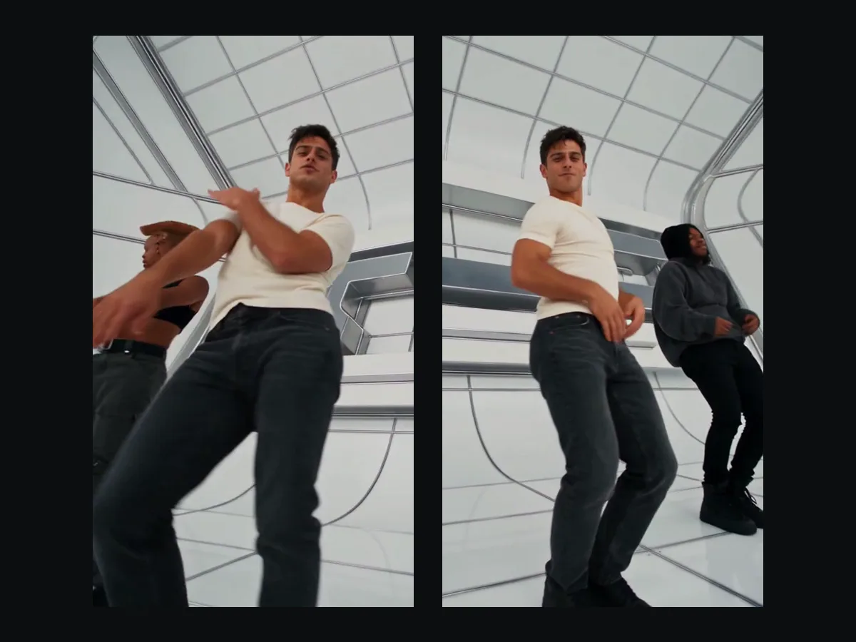 Dos fotogramas en contrapicado de un video de baile No Scrubs IA hecho en TryViralAI, con el protagonista bailando junto a los bailarines de los lados