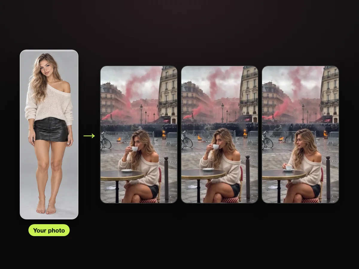 Hoja de personaje de IA usada como foto, junto a cuadros de un video de mujer tomando café en París hecho en TryViralAI