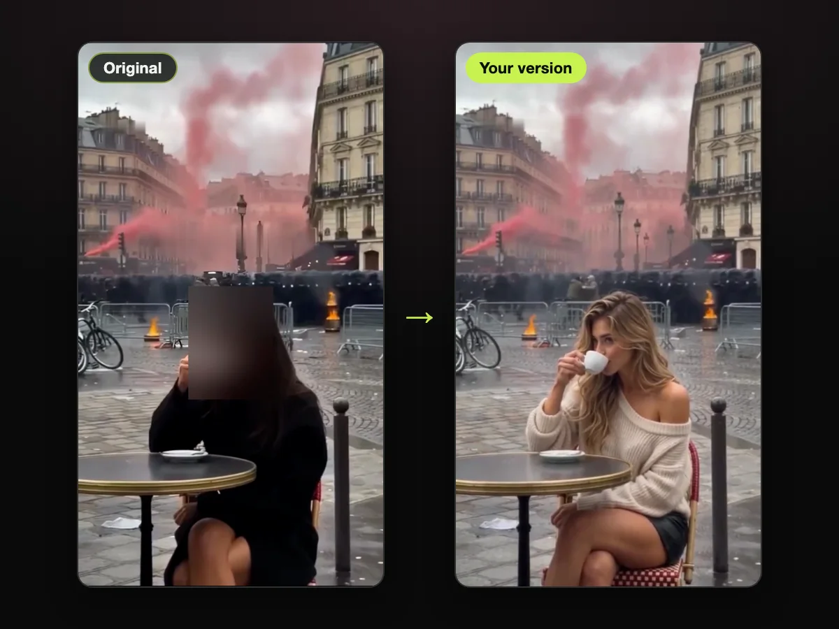Cuadro del clip viral del café de París, junto a un cuadro de un video de mujer tomando café en París hecho en TryViralAI