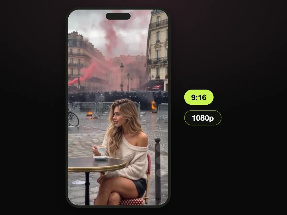 Cuadro de un video de mujer tomando café en París hecho en TryViralAI, como publicación 9:16 en un celular