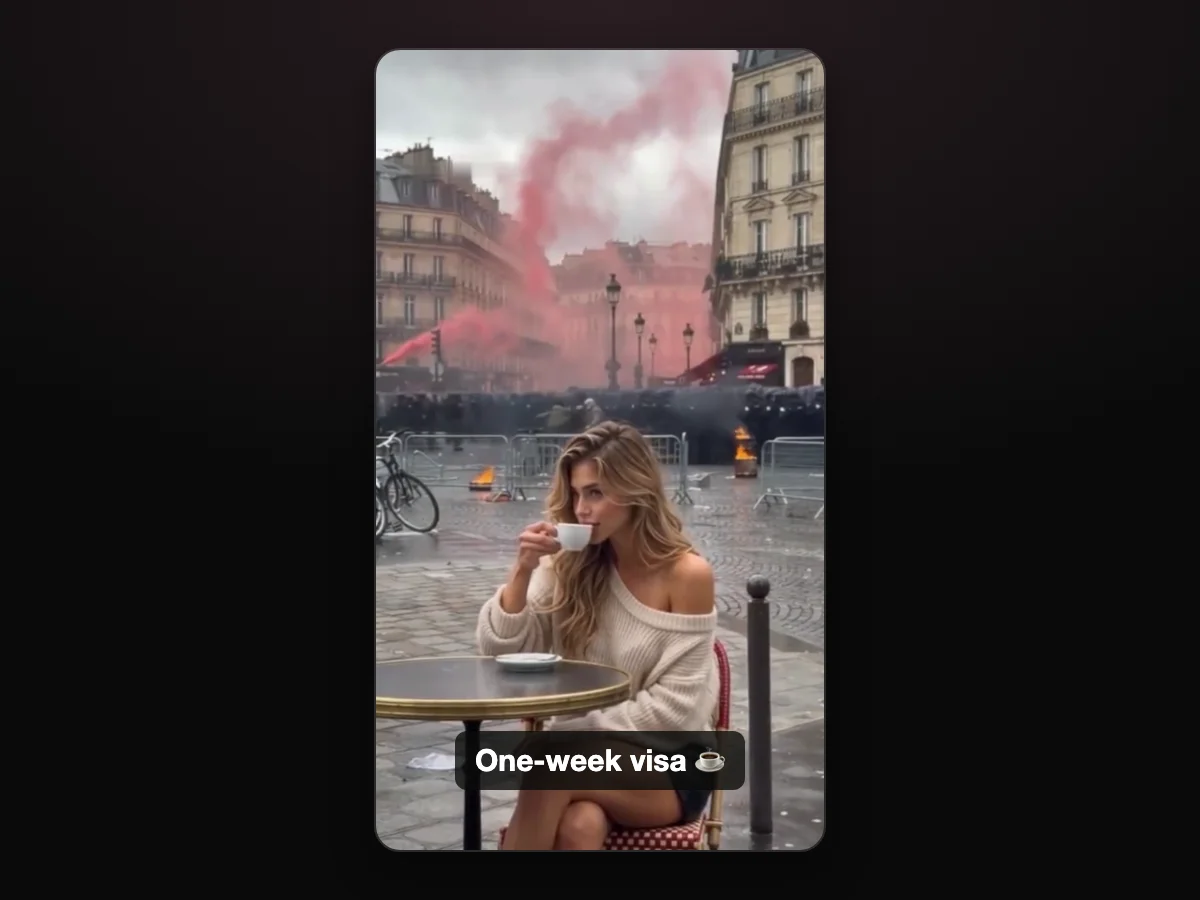 Cuadro de un video de mujer tomando café en París hecho en TryViralAI, como publicación vertical con un texto