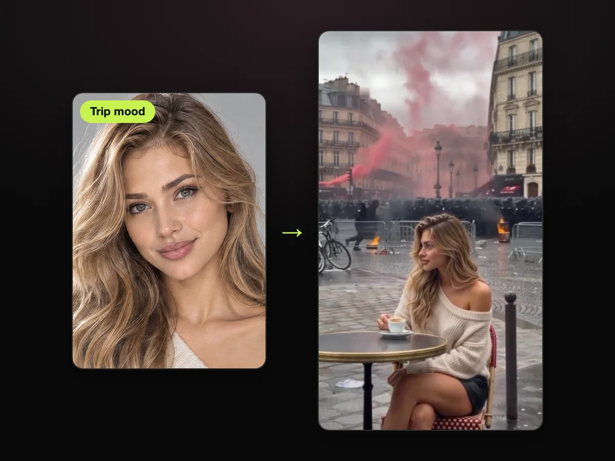 Hoja de personaje de IA usada como foto, junto a un cuadro de un video de mujer tomando café en París hecho en TryViralAI