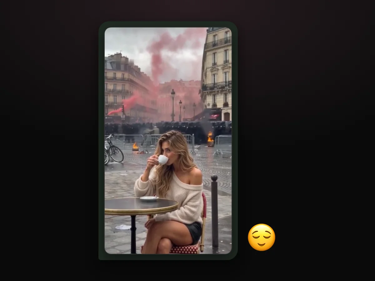 Cuadro de un video de mujer tomando café en París hecho en TryViralAI, enviado en un chat grupal