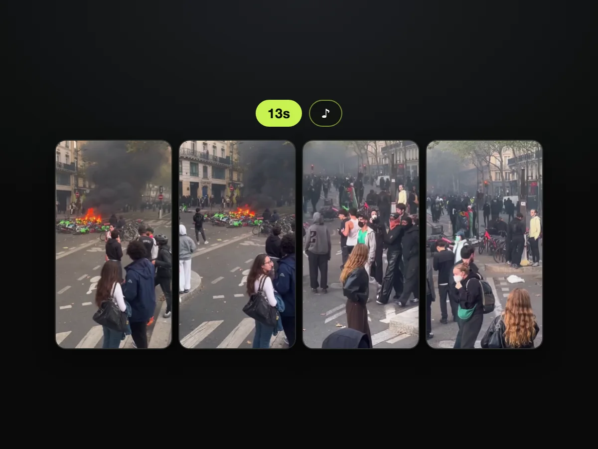 Frames from a Paris riot jogger AI video made on TryViralAI