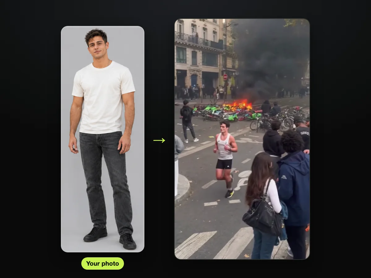 AI character sheet used as the photo, beside a frame from a Paris riot jogger AI video made on TryViralAI