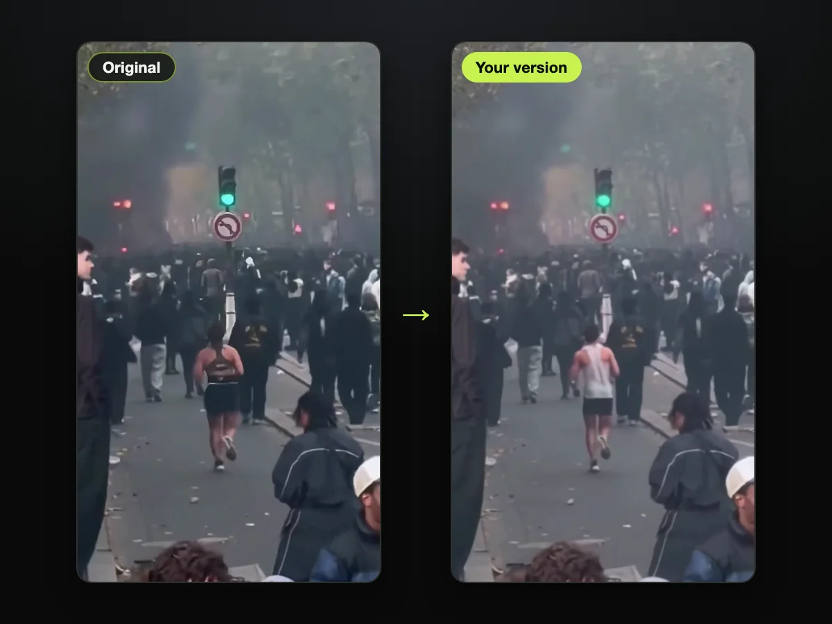 Frame from the original Paris street clip, beside a frame from a Paris riot jogger AI video made on TryViralAI