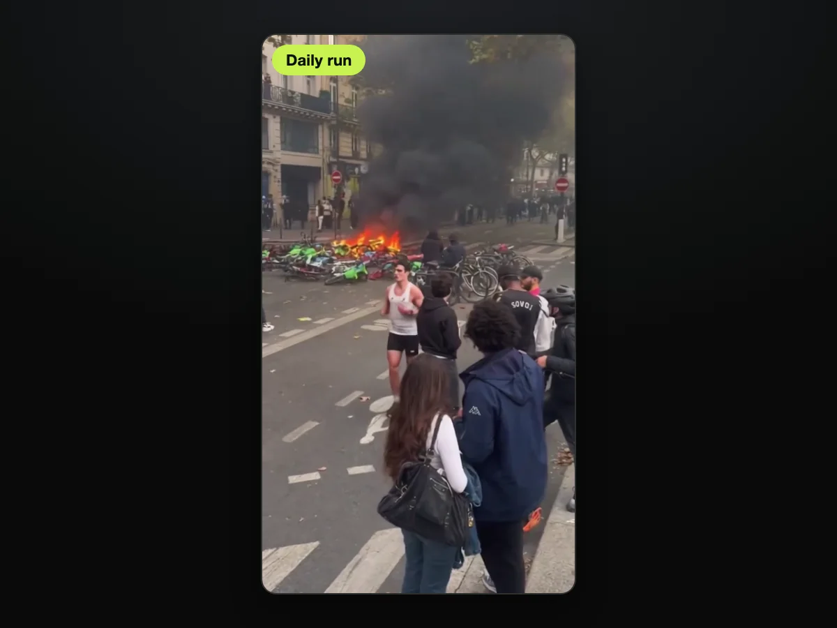 Frame from a Paris riot jogger AI video made on TryViralAI