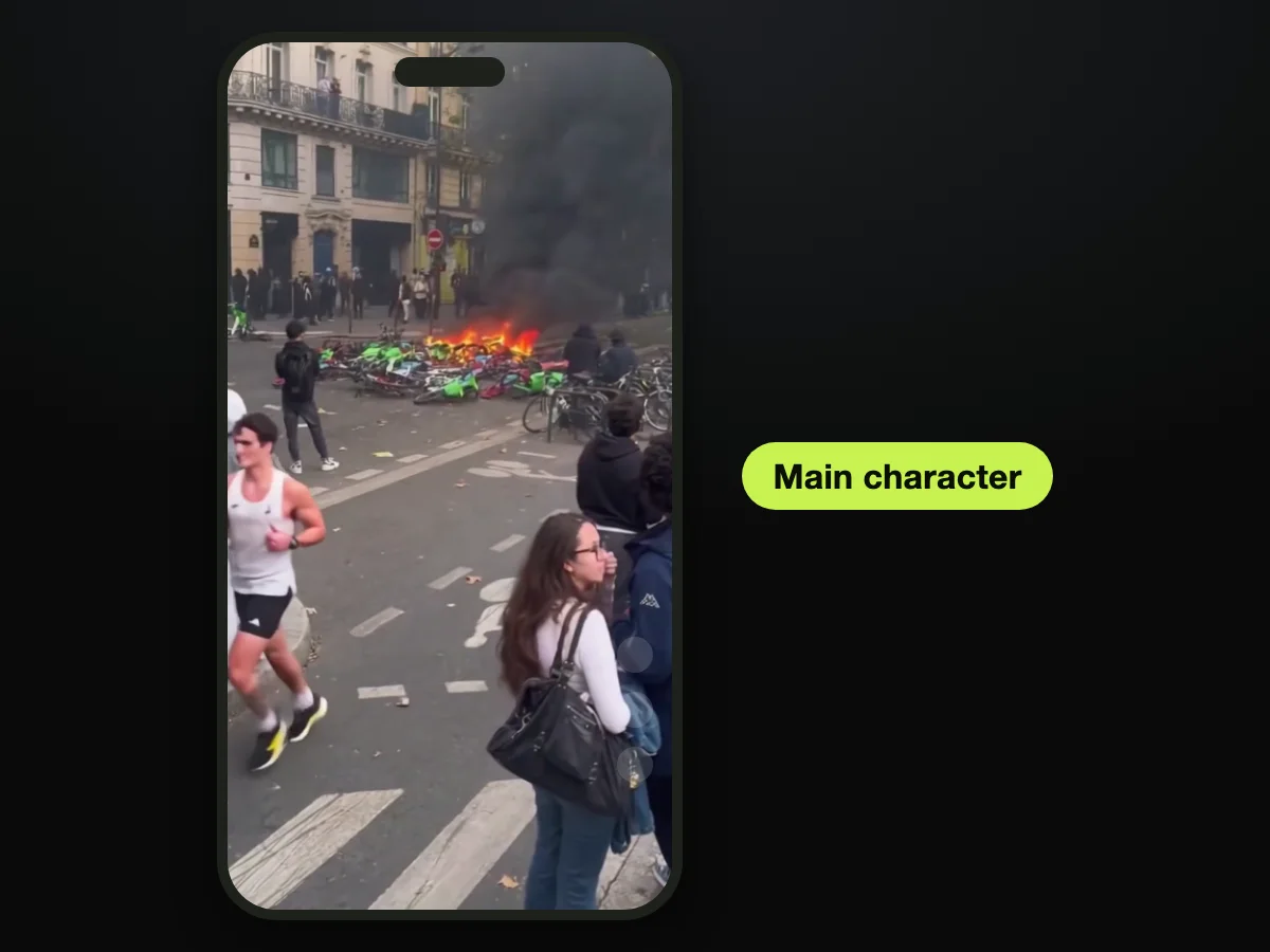Frame from a Paris riot jogger AI video made on TryViralAI, shown as a post on a phone