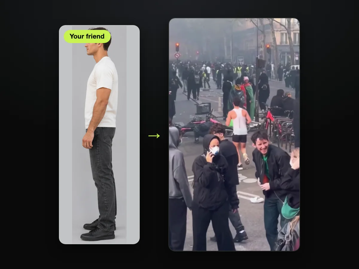 AI character sheet used as the photo, beside a frame from a Paris riot jogger AI video made on TryViralAI