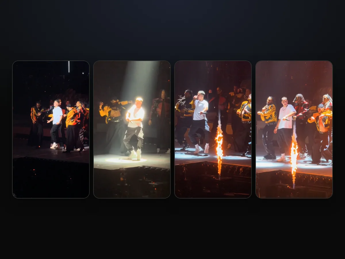 Cuatro cuadros de un video de baile Talk Dirty IA hecho en TryViralAI: la entrada, la sentadilla bajo el reflector, el baile y el cierre junto a una columna de fuego