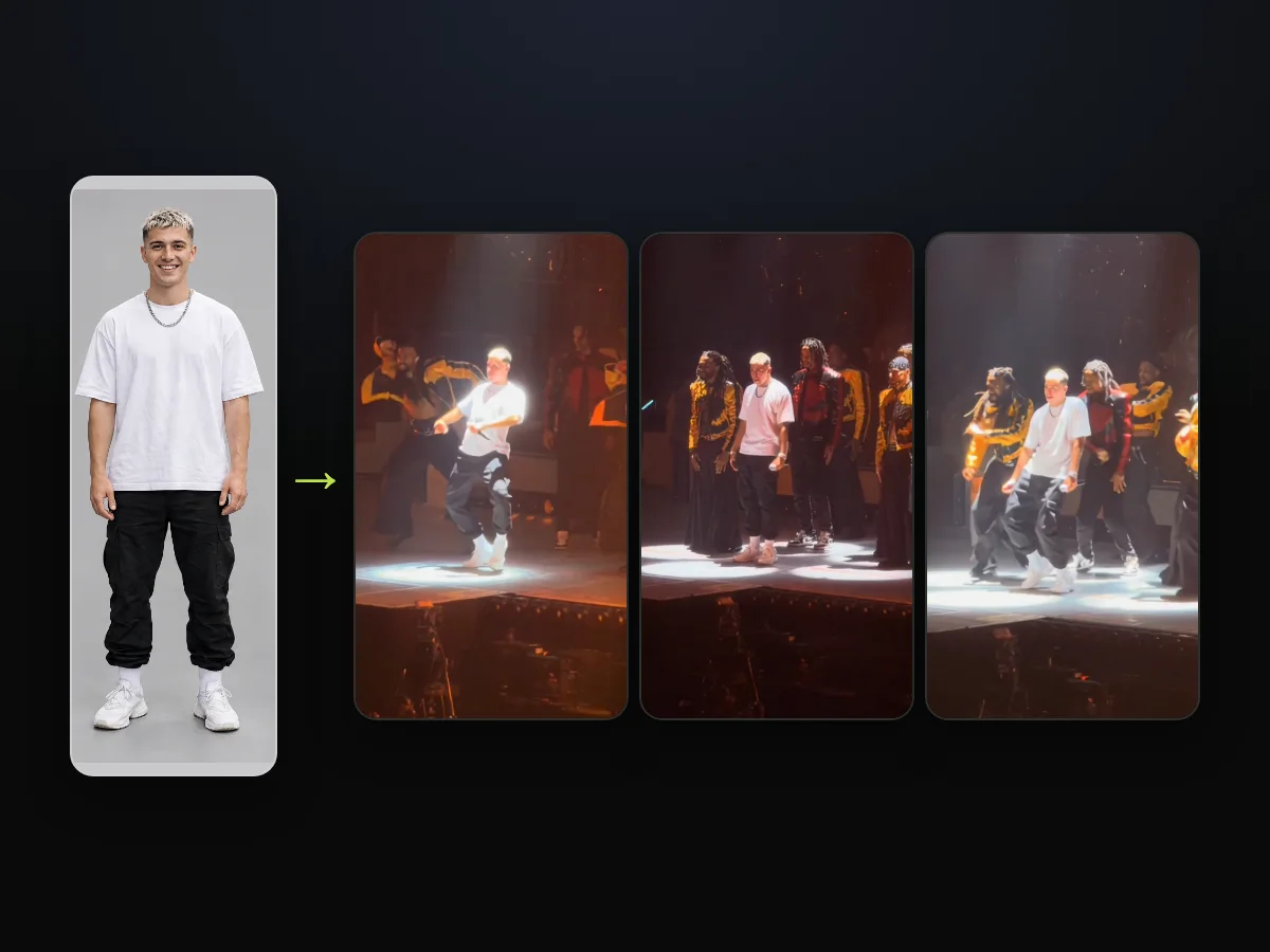 Foto de un joven con camiseta blanca y pantalón cargo negro, junto a tres cuadros de él al frente del baile en un video de baile Talk Dirty IA hecho en TryViralAI